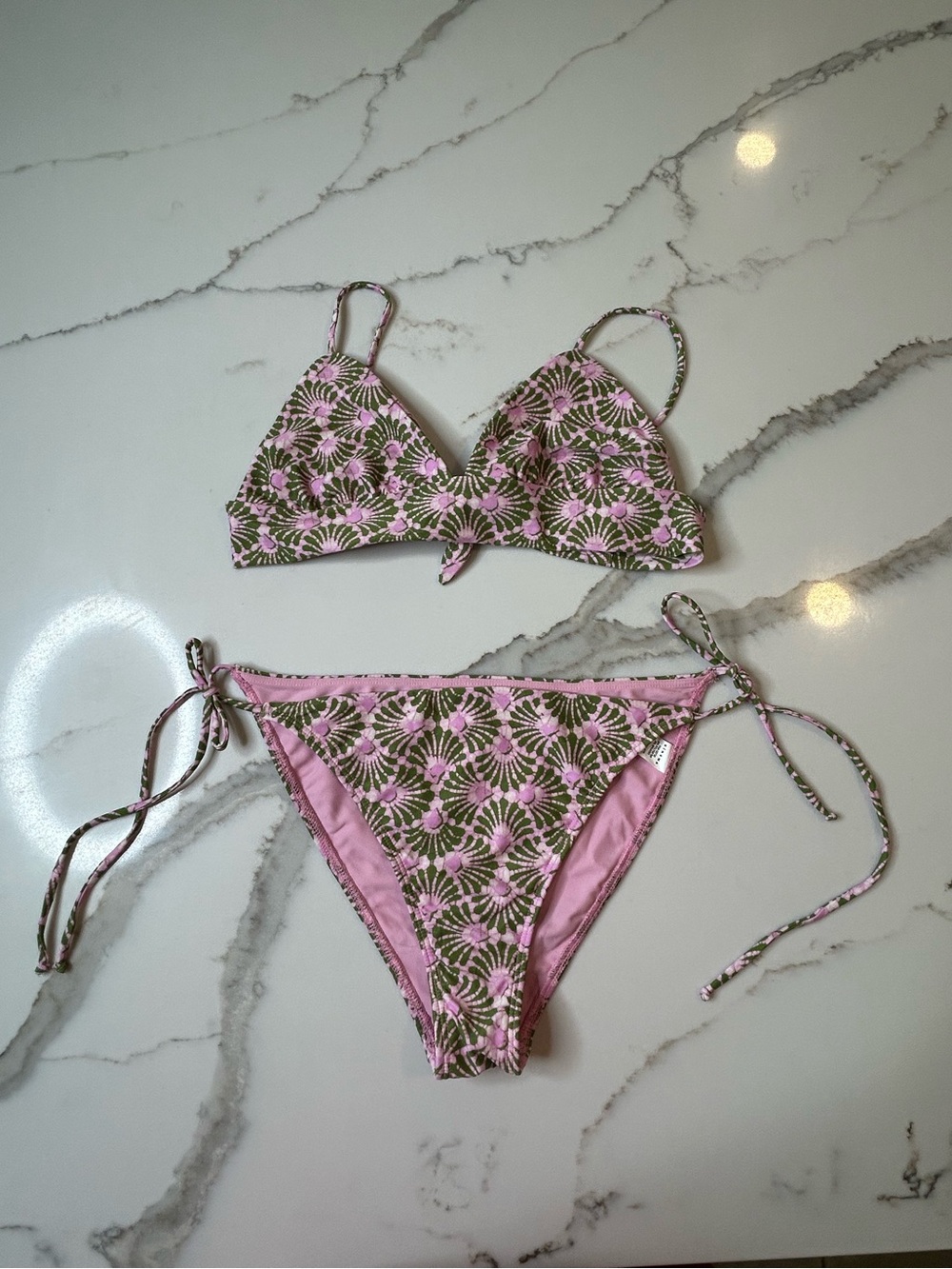 XiRENA Pink and Olive Floral Triangle Bikini Set Size  S M